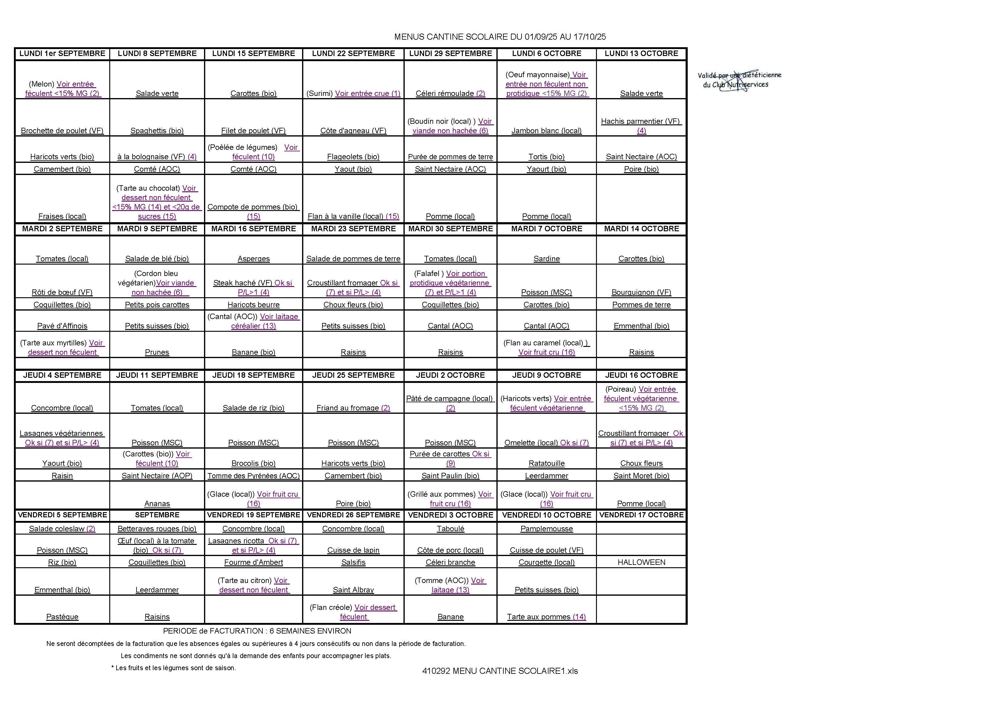 Menu du 1er sept au 17 oct