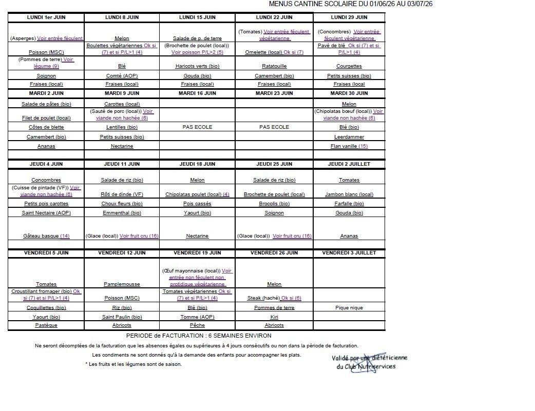 menus cantine du 01 juin au 3 juillet 2026