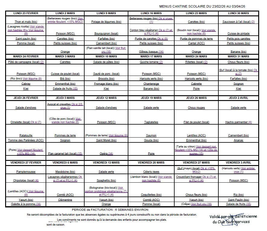 menus cantine du 02 février au 3 avril 2026